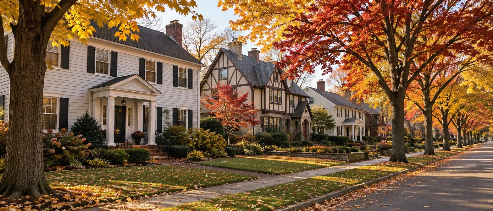 Tree-lined North Jersey street with colonial homes in autumn